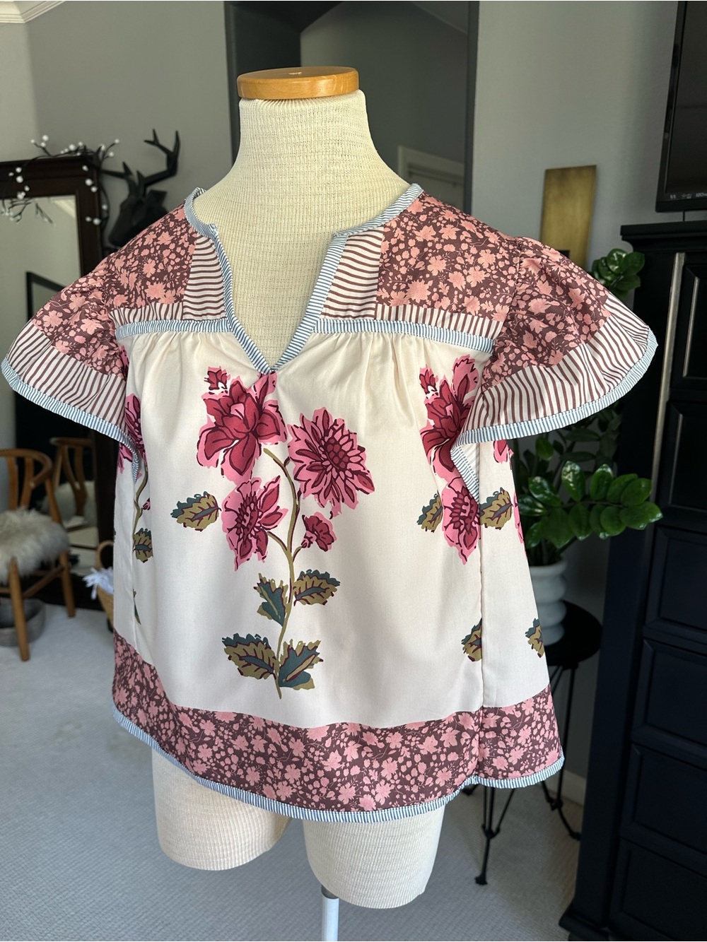 Floral Pink Patchwork Flutter Sleeve Blouse
